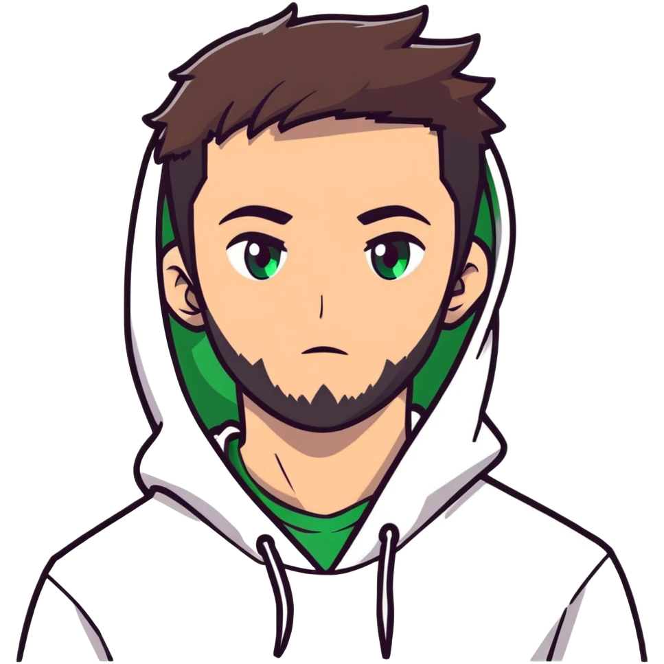 anime style male character with green eyes, dark brown undercut hairstyle, short beard, wearing white hoodie emoji