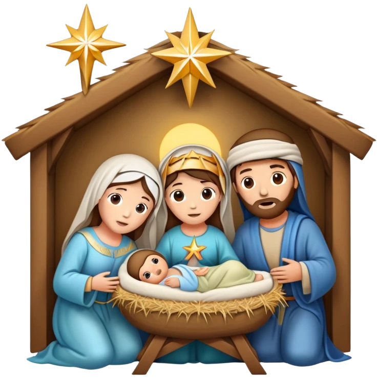 Nativity scene with baby Jesus in a manger, Mary, Joseph, and star above emoji
