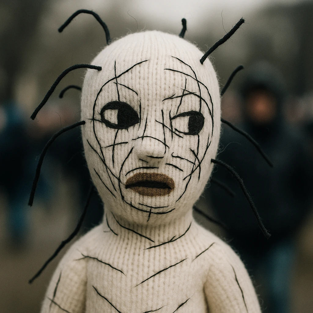 The mask is a full-head, white knitted balaclava with a tight ribbed texture. It features two asymmetrical eye openings and a partially exposed mouth area. Black thread is stitched across the surface in chaotic, abstract lines that trace facial features, giving a hand-drawn effect. Several black cords extend outward from the mask, varying in length and direction, adding a sculptural, almost organic appearance. The overall look is bold, handcrafted, and visually striking. emoji
