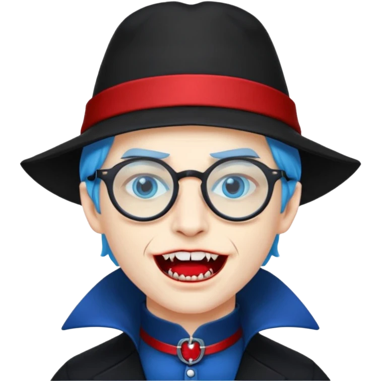 
vampire with blue hat,black coat with read collared ,teeth looks like vampire, with glasses emoji