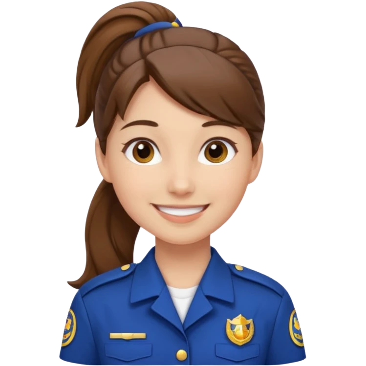Young Female: ponytail brown haiir, wearing uniform, white skin, smile emoji