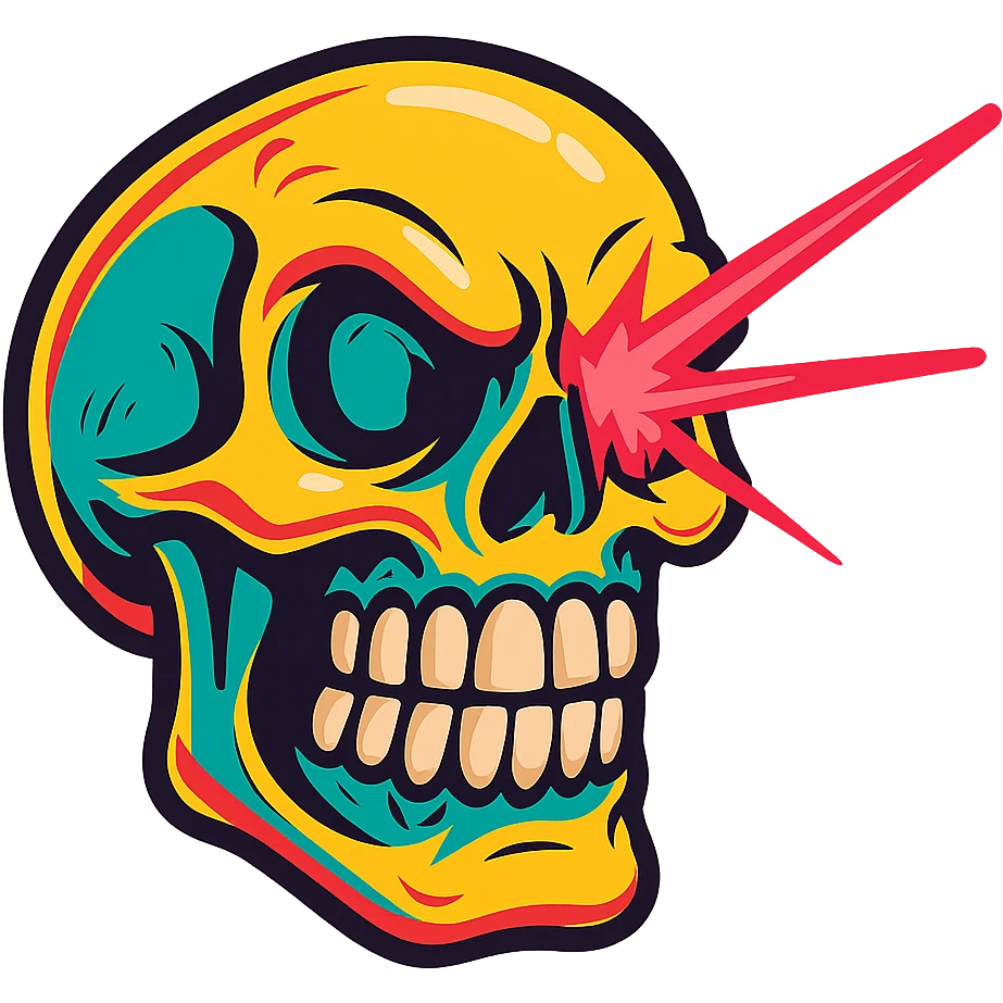 vibrant toon style skull grinding teeth with laser from one eye emoji