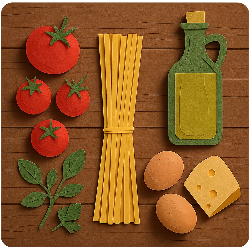 A realistic top-down view of a wooden kitchen table with various common ingredients neatly arranged (like tomatoes, pasta, eggs, cheese, herbs, olive oil). The background should be dark and soft to match a modern app interface. Lighting should highlight the ingredients naturally, with soft shadows. No text, no hands, minimalistic but warm and homely, like a mobile UI background for a cooking app. emoji