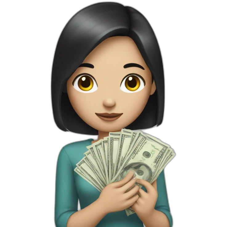 A girl who has black hair and white skin with money in her hands emoji