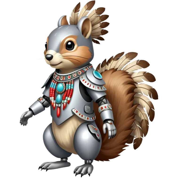 Full body Robotic squirrel wearing native American regalia with feathers and beads emoji