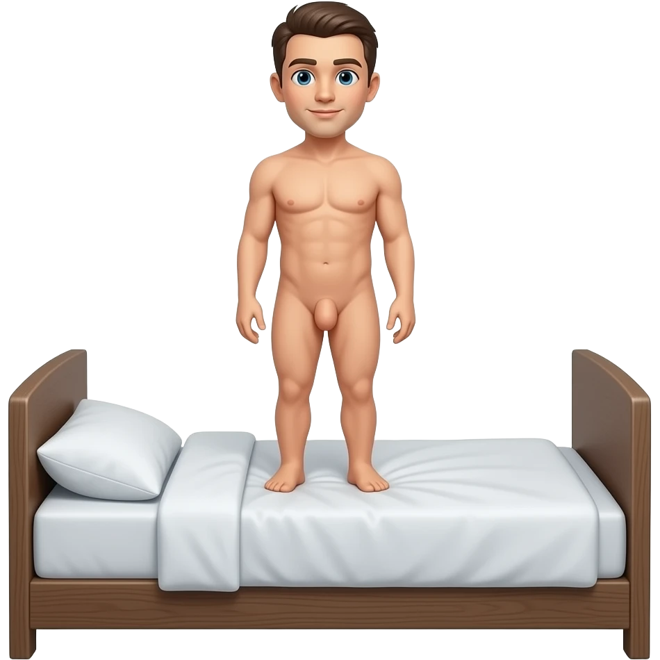 naked man on his bed standing up with a penis emoji