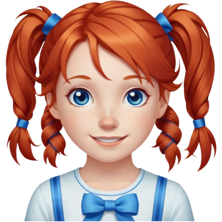 A cheerful, young red-haired girl with bright blue eyes and freckles, styled in two playful pigtails tied with blue ribbons. emoji
