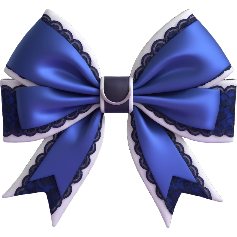 3D emoji gothic bow, midnight blue satin, silver crescent moon, and black lace trim emoji