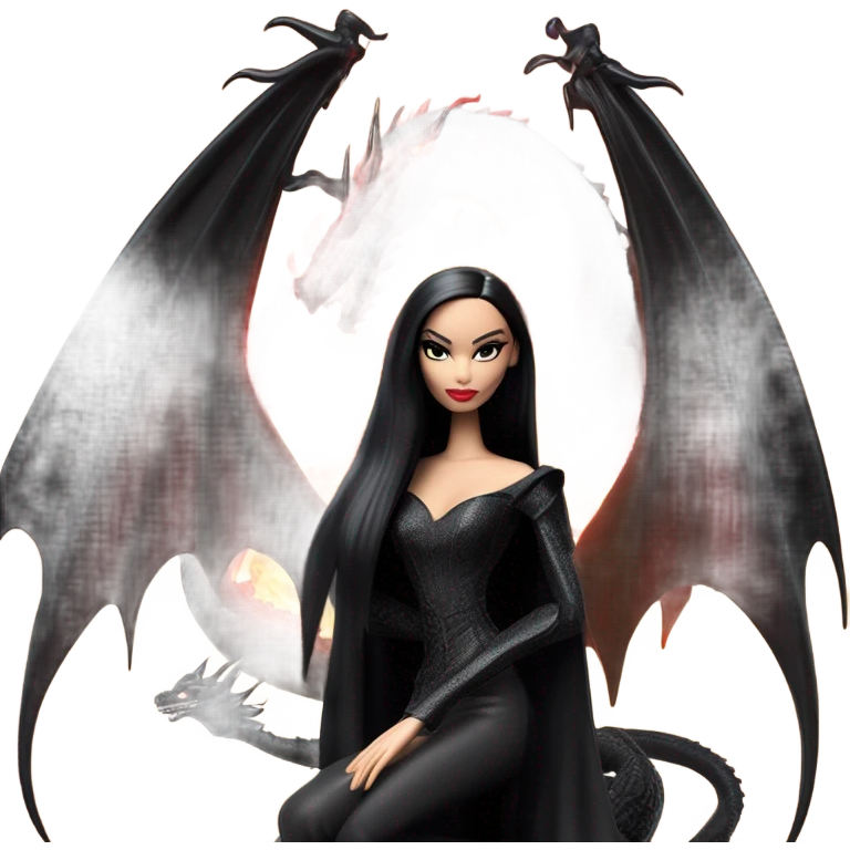  beautifully dressed teen Morticia Addams Barbie Jedi flying on the back of a very large black shiny evil-looking fire-spewing dragon. proper scale emoji