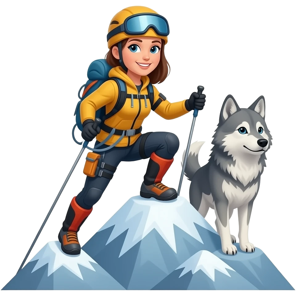 Chica alpinista sube una montaña con un lobo a su lado emoji