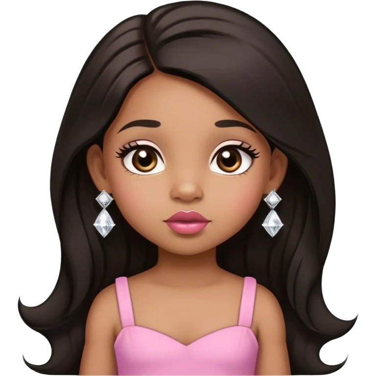 light brown skin tone, very adorable toddler, with big plump lips, long long lashes, black straight long hair, brown eyes, pink dress, diamond stud earrings emoji