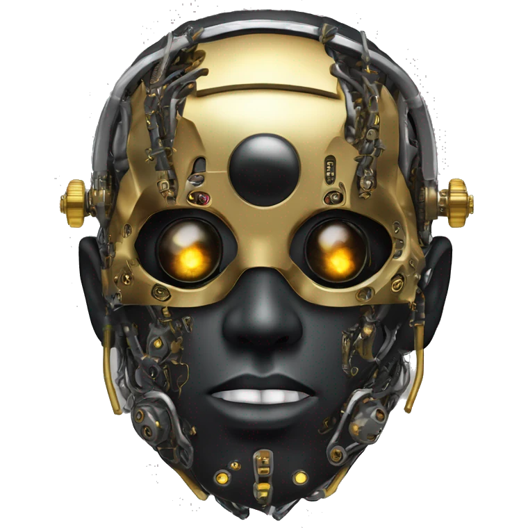 black metal male cyborg head with  one artificial eyeball, circuitry, goatee and dreaded yellow gold hair emoji