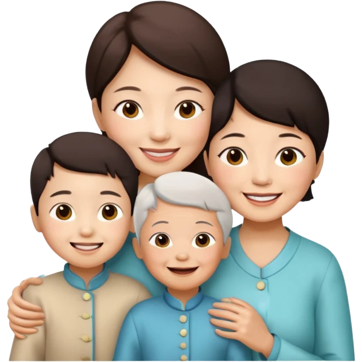 two chinese kids with their mother and grand mother smiling emoji