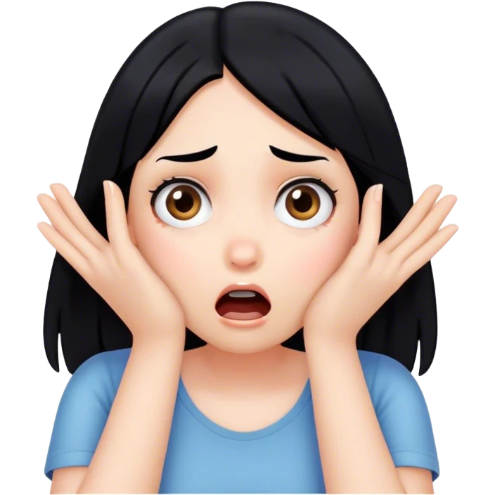 Shocked girl face with black hair and hands on face, big text saying "HELP" emoji