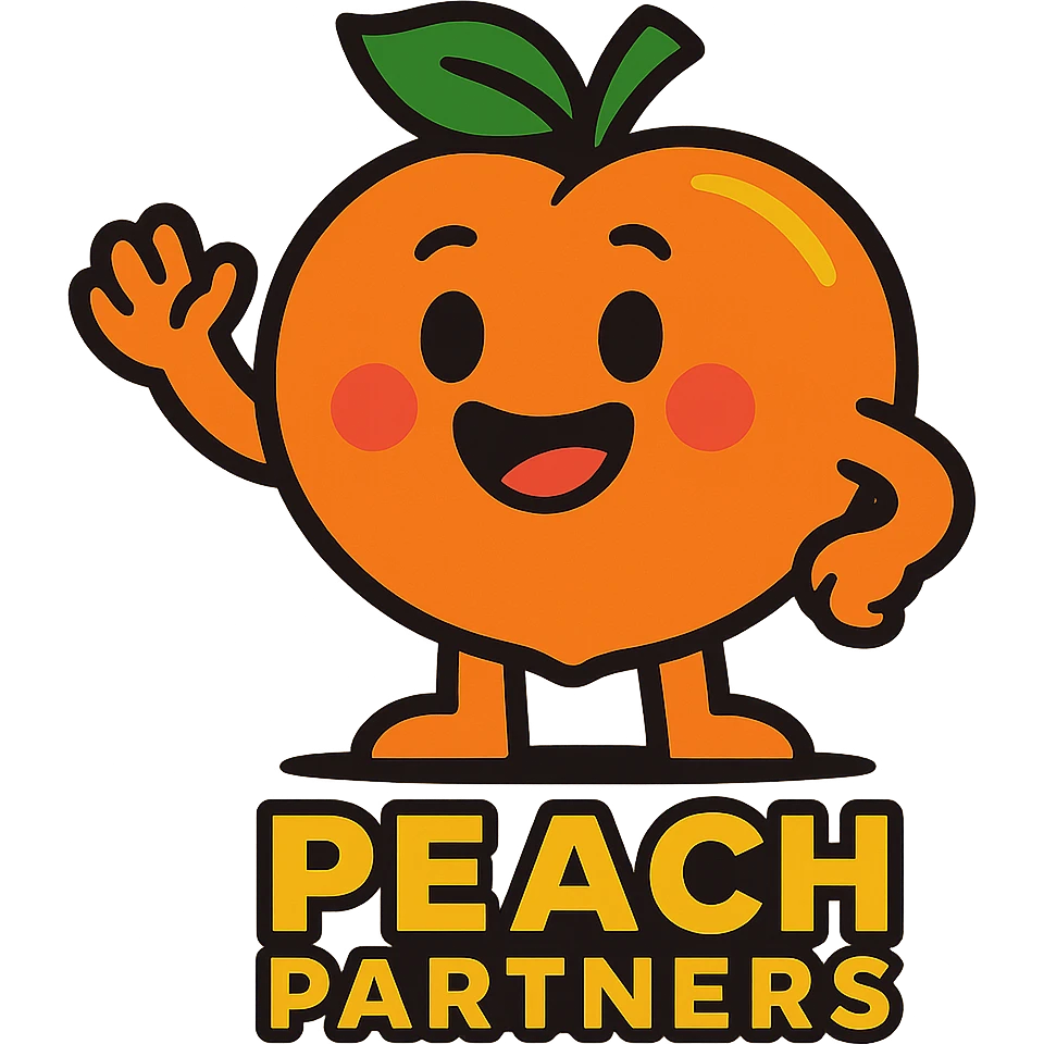 friendly peach mascot for 'Peach Partners' logo, vibrant toon style, vibrant colors, cheerful expression emoji