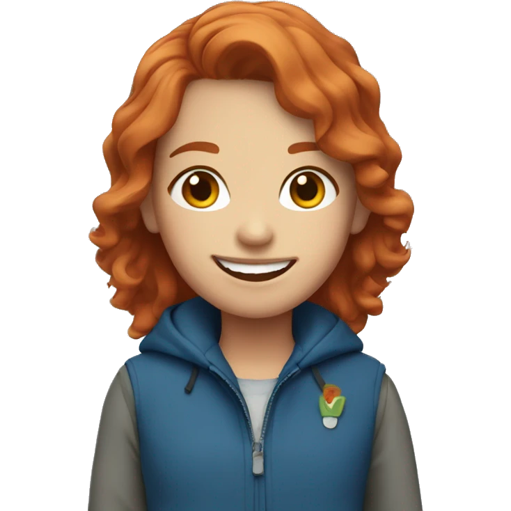 red-haired girl in a blue jacket, smiling emoji