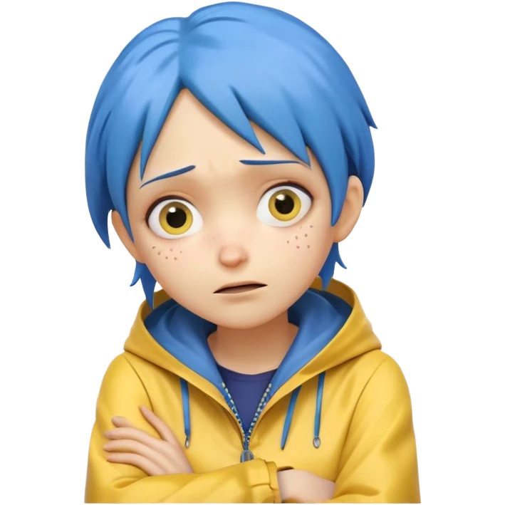 Emoji-style Coraline with blue hair, yellow raincoat, arms crossed over neck, dramatic crying face, eyes looking up emoji