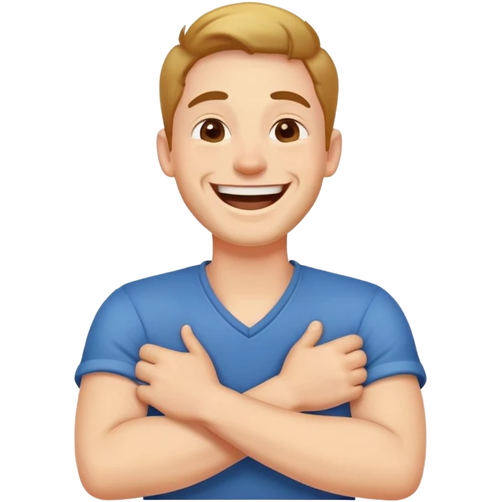 Man laughing while crossing his arms around his neck emoji