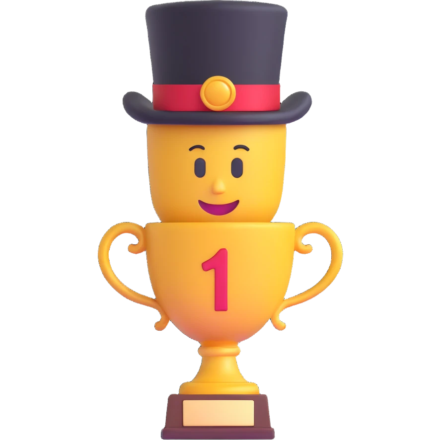 trophy emoji with top hat as the top, #1 on the trophy emoji