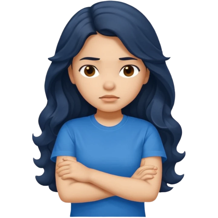 Hispanic girl with long dark wavy hair crossing her arms and slightly pouting emoji