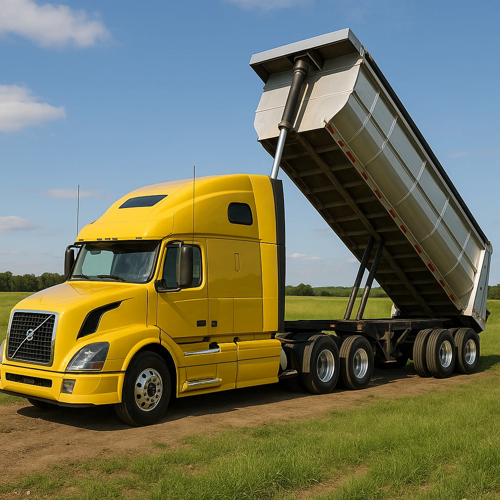 ultra-realistic Volvo yellow semi sleeper truck and silver end dump trailer, trailer tilted up as if dumping, daytime scene in a photorealistic countryside with grassy fields and blue sky, truck facing to the left emoji