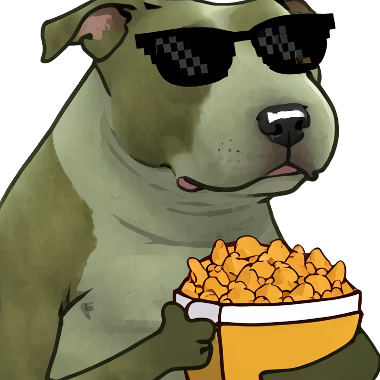 American bulldog white with sunglasses and a left brown spot on eye holding food emoji