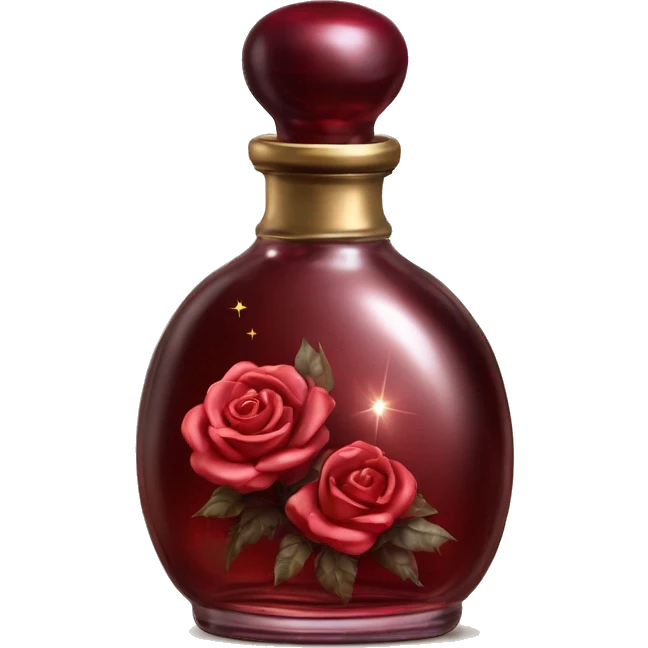Dark red magic fairy light sparkling old Antique oil perfume bottle with herbal and rose flowers emoji