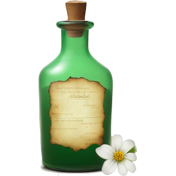 Mysterious Alchemical vintage glass potion bottle, exquisite bottle shape, old and shabby, with label, stylish and minimalistic, brown and shabby-green, oil potion is poured out of the bottle, herbal, flowers and oil is spilled next to it emoji