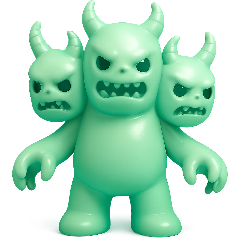 terrifying monster with multiple heads, twisted horns, clawed hands, eerie green glow, vinyl figure style emoji