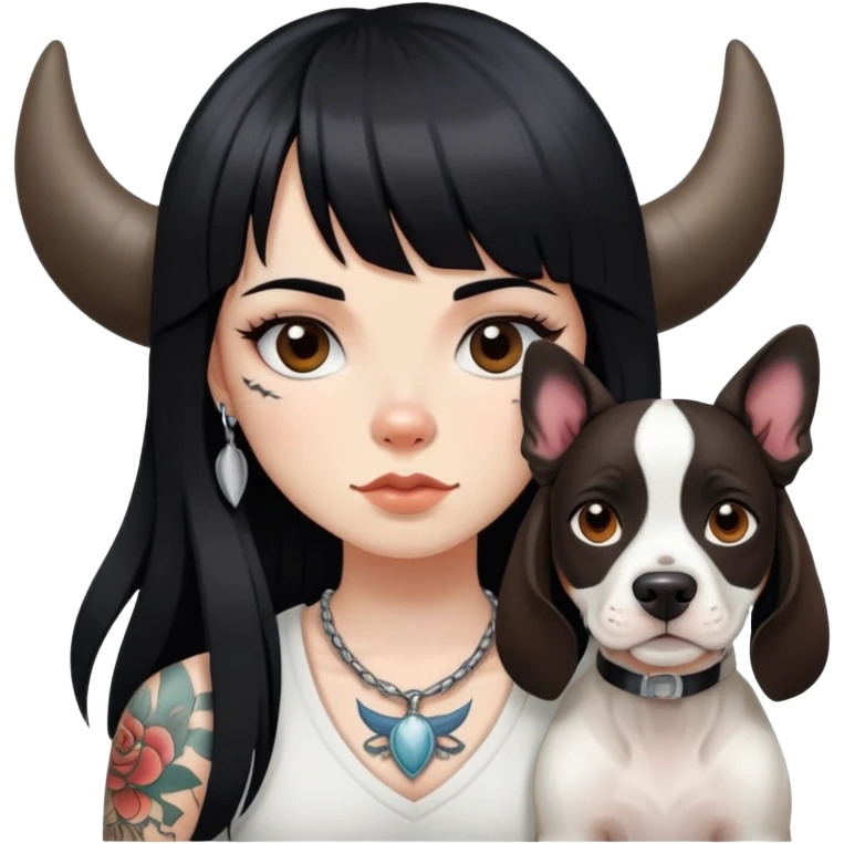 girl with long black  straight bangs hair with tattoo and a Springer dog  and  bull terrier emoji