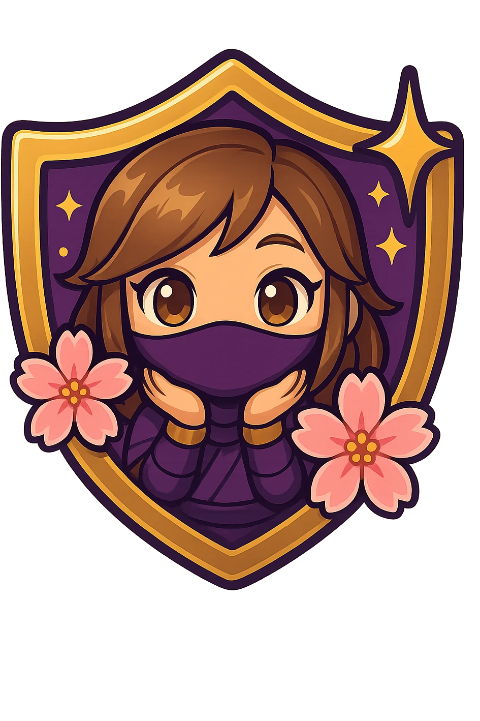 Edit the badge to have a deep purple color with gold accents for the Masters rank, keeping the same design of a chibi ninja girl, sakura flowers, sparkly effects, and badge shape. Maintain transparent background, sized for Twitch or Discord use. emoji