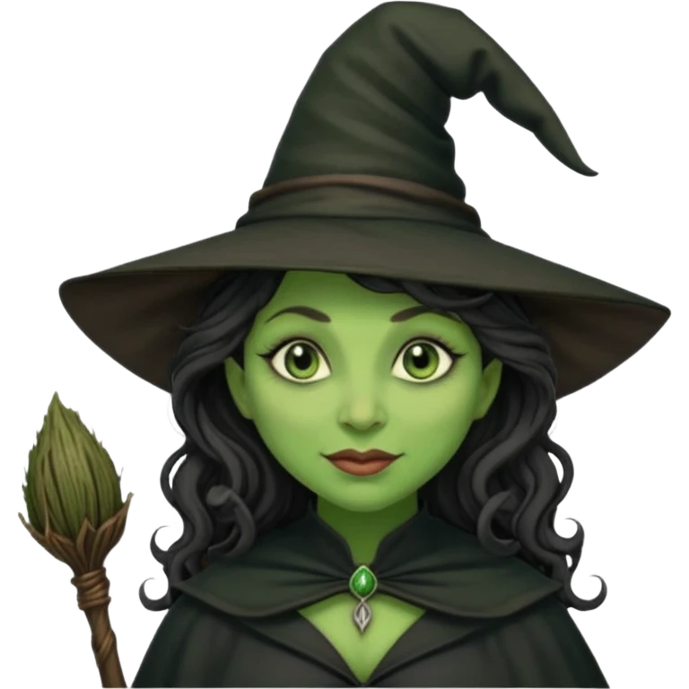 elphaba the wicked witch from wicked movie (cynthia erivo) dark long curly hair, thick lips, wide nose, green skins, witch hat, witch broom, evil, wicked musical film, smirk emoji