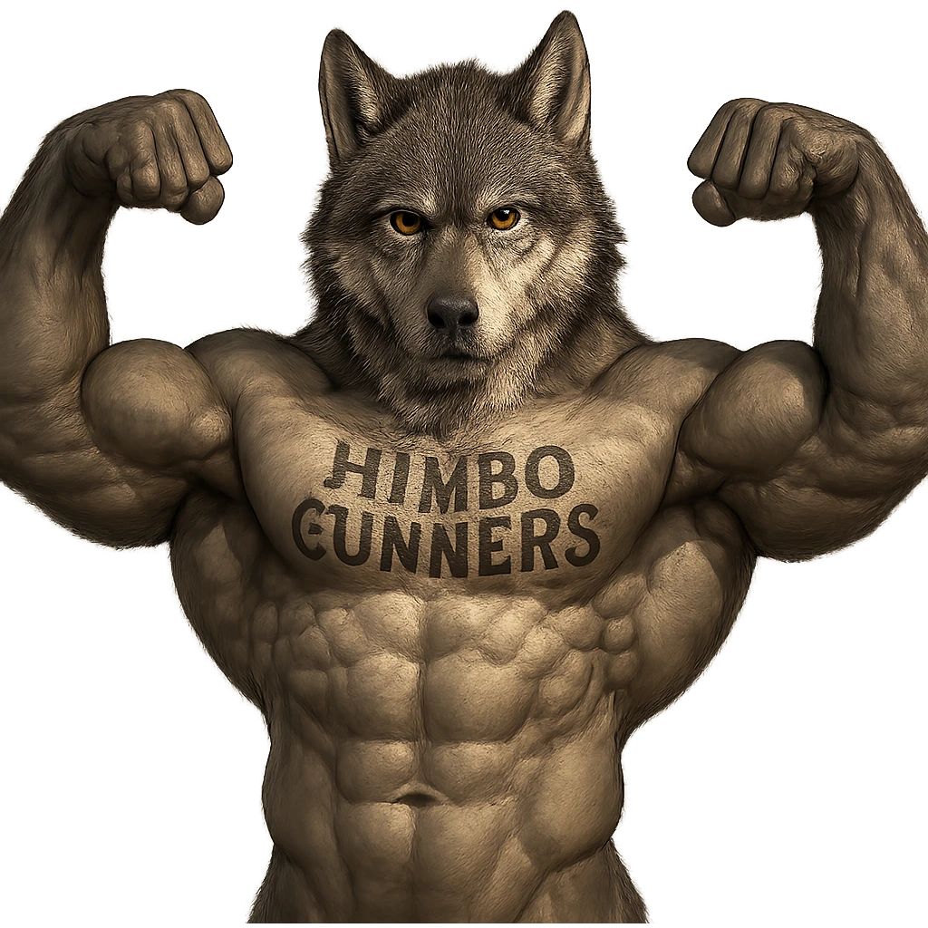 realistic, very muscular wolf furry, shirtless, 'Himbo Gunners' tattoo on chest, flexing with both arms, intense look emoji