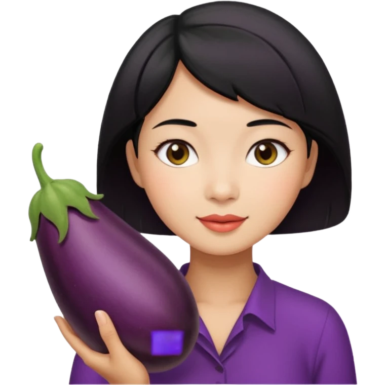 Vietnamese lady with short hair holding eggplant emoji