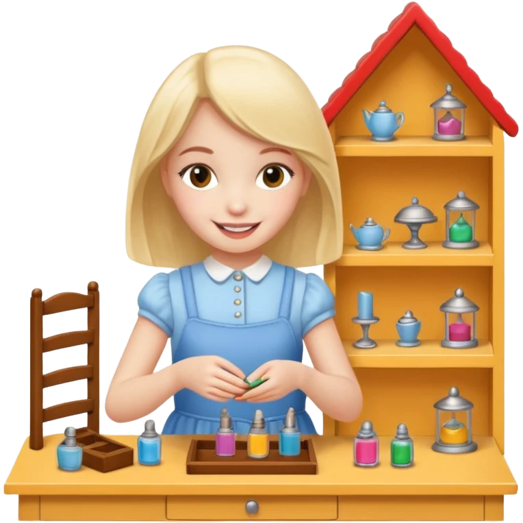smiling girl arranging furniture in doll house emoji