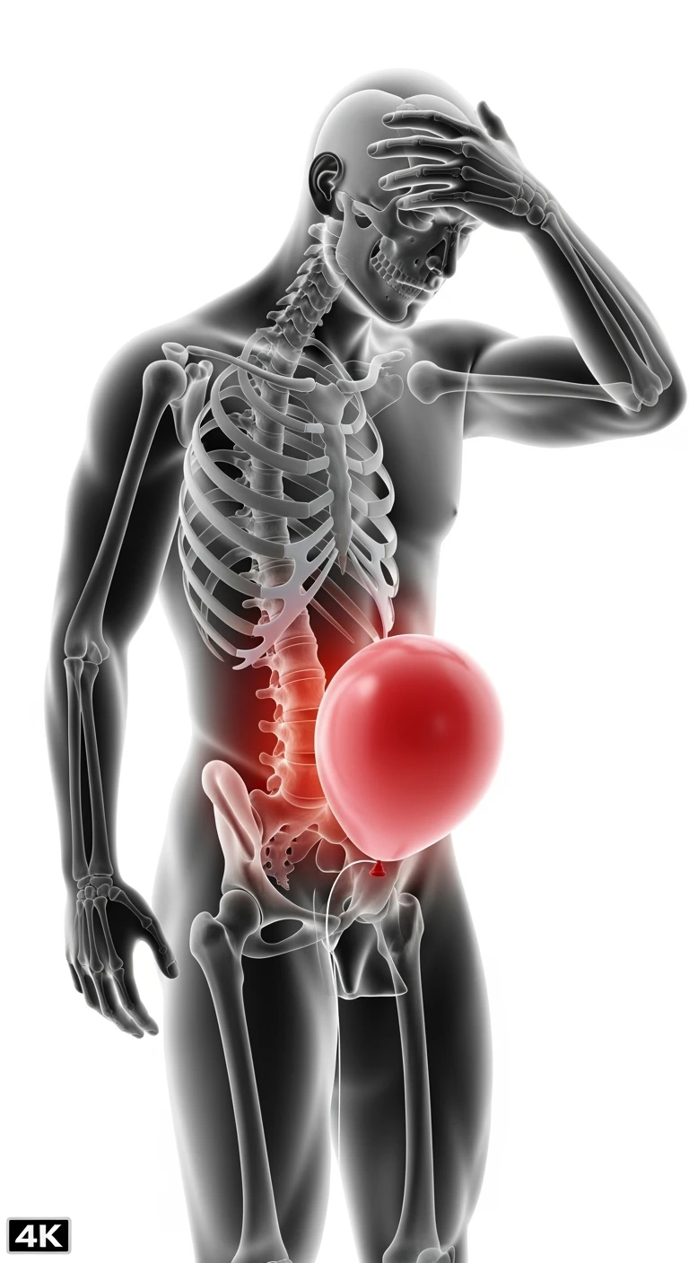 corpo umano anatomico realistico con spina dorsale anatomica in evidenza e palloncino rosso sulla pancia, si tiene una mano sulla fronte disperata per la pancia gonfia, iperrealistica 4k, isolato su sfondo bianco emoji