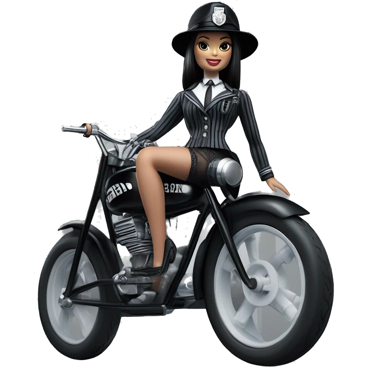 Silkstone Lingerie Barbie, Wednesday Addams from academy in vertically-striped dark-gray and black police officer’s uniform with hat. Leaning back at the hips, riding a wheelie on a hot rod bike smiling  emoji