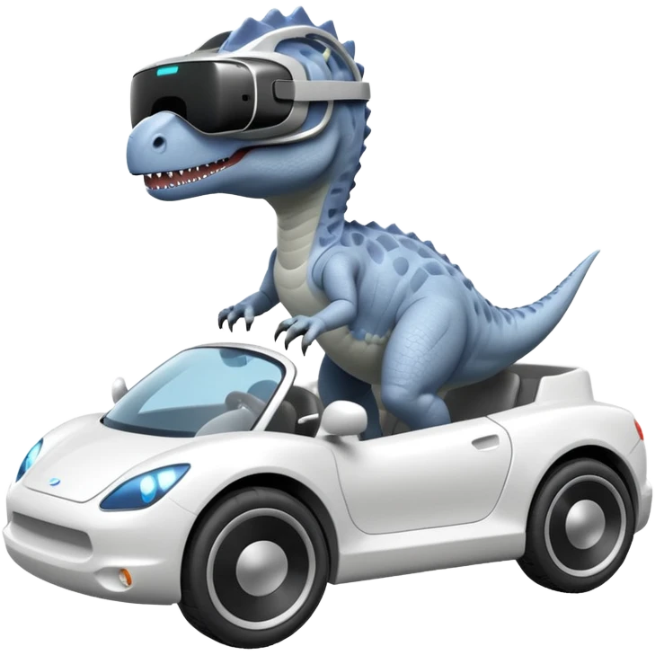 Dinosaurio  gris subido en un carro blanco tecnológico con lentes de realidad virtual emoji