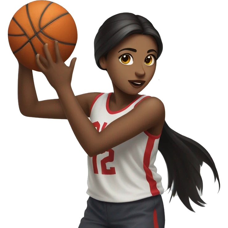 dark-haired girl throws a basketball into a hoop emoji