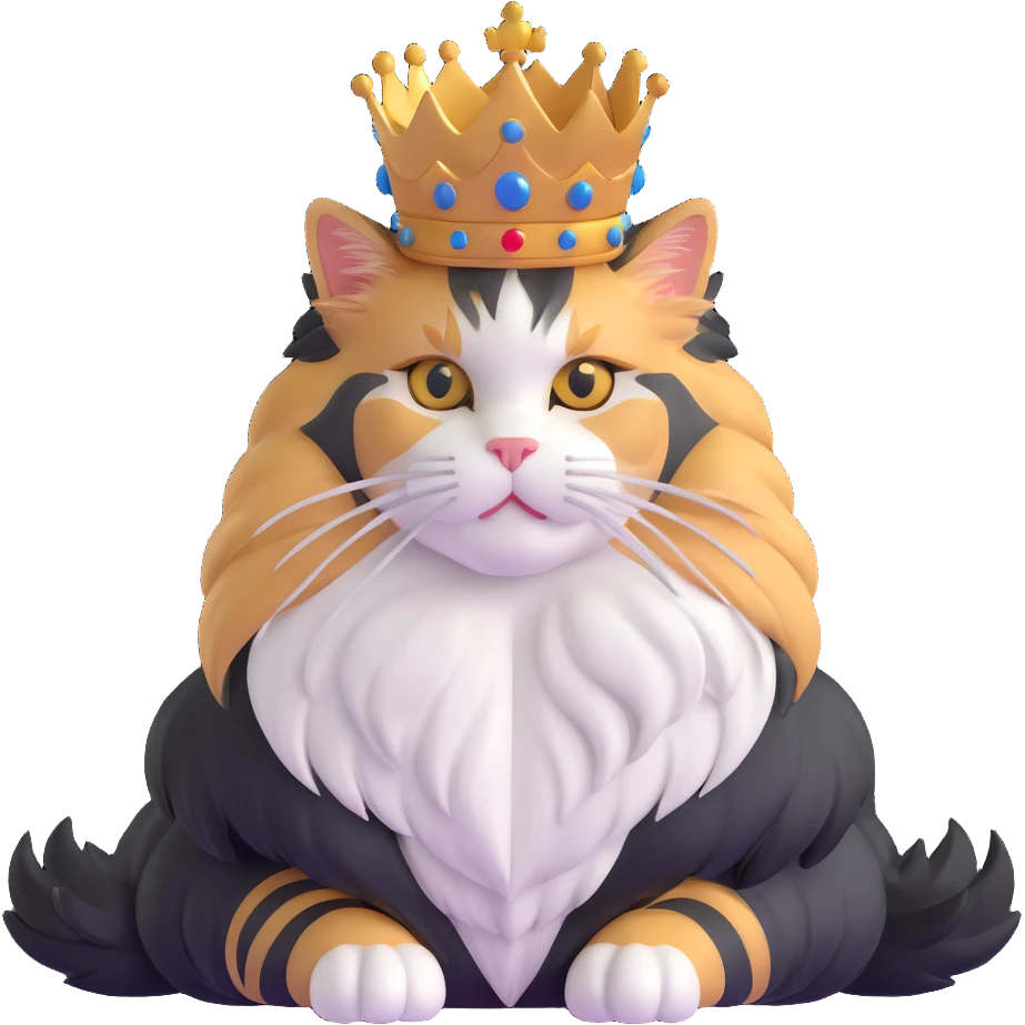 majestic calico maine coon cat with fluffy mane wearing a royal crown emoji