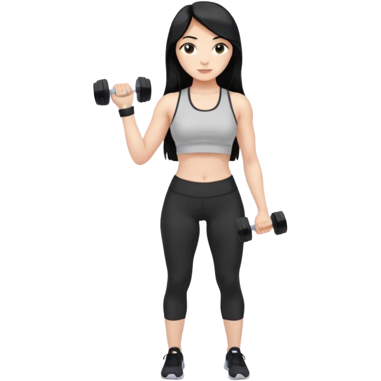 Long black hair girl with gym aesthetic, leggings with fitted shirt, with water bottle and dumble  emoji