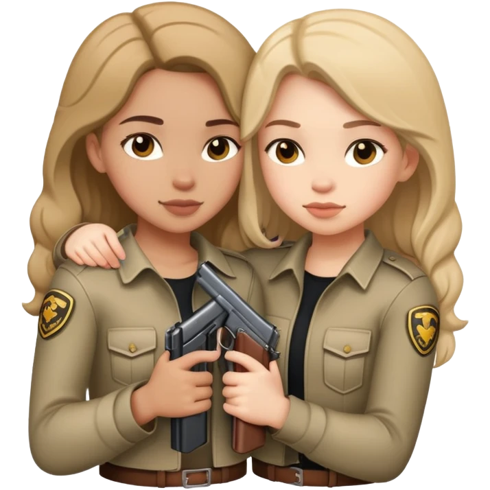 two girls hugging and holding guns emoji