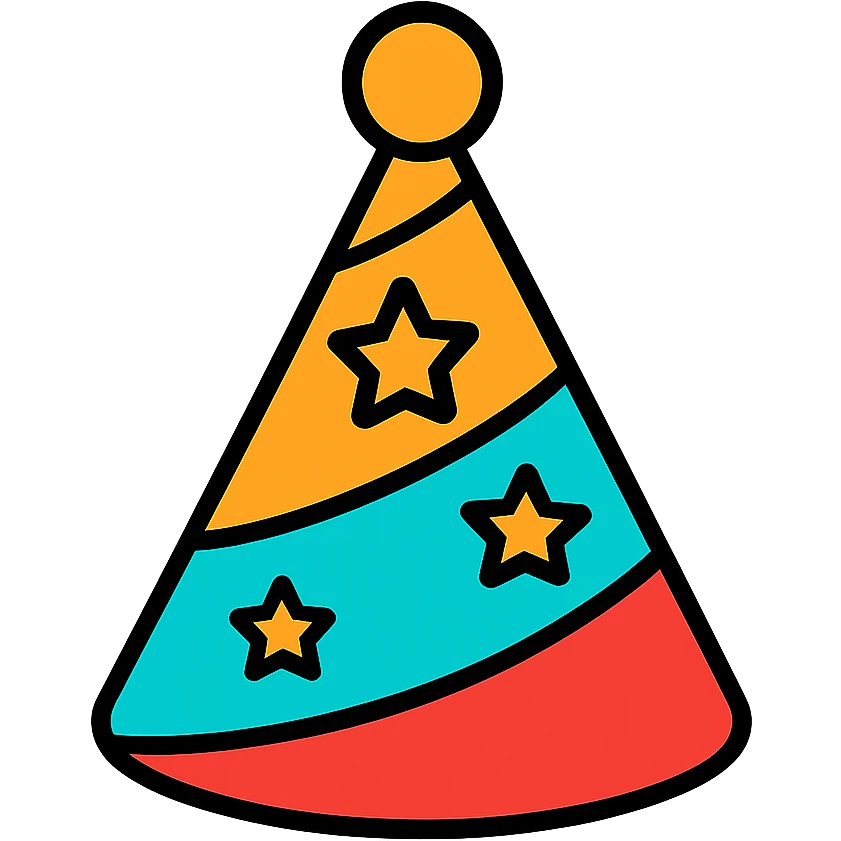 A colorful birthday party hat with stars and stripes pattern emoji