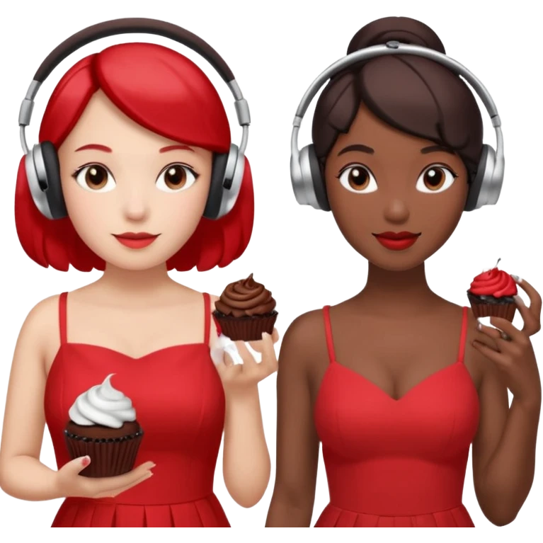 4–5 women at a listening party with a red and silver dress code. One holds a dark chocolate cupcake. Two wear over-ear headphones like AirPods Max. Indoor event lighting, modern and metallic vibe. emoji