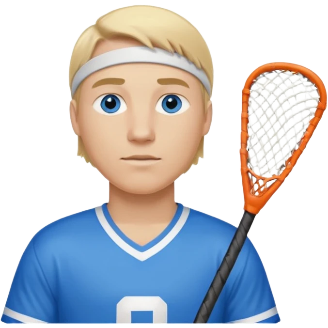 Blonde white with blue eyes lacrosse guy holding one lacrosse stick wearing blue and white gear  emoji