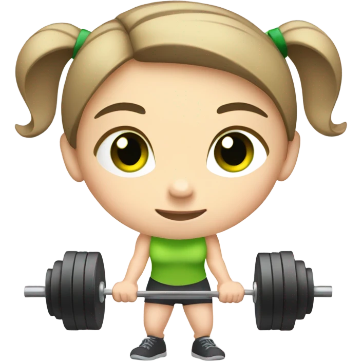Pale girl with short brown hair and green eyes lifting weights emoji