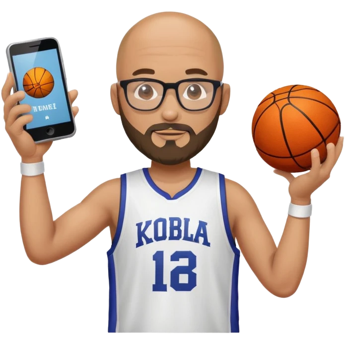 a bald bearded engineer with glasses wearing a kobe jersey with a phone in 1 hand and spinning a ball on the other emoji