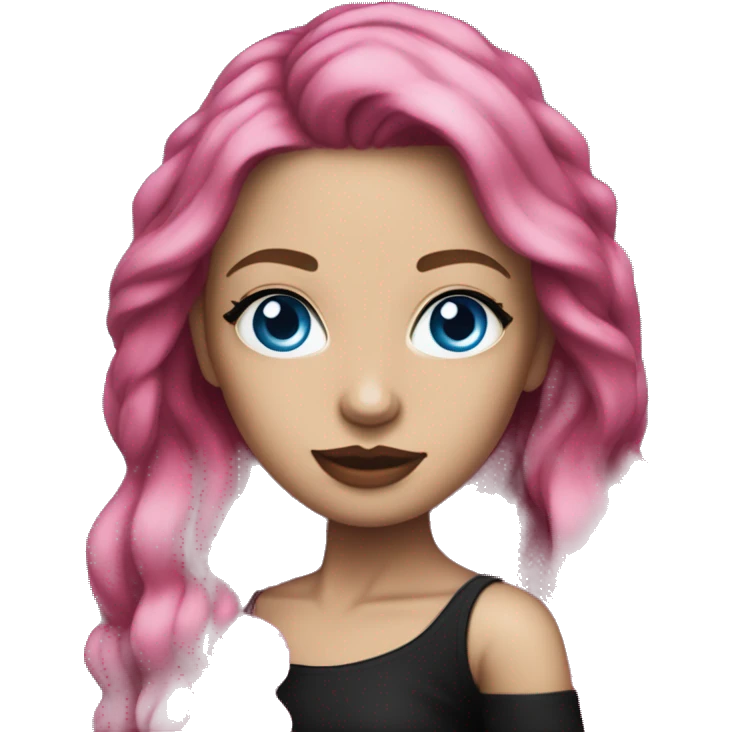 White lady with hot pink long hair, blue eyes, tattoos, black off the shoulder top emoji