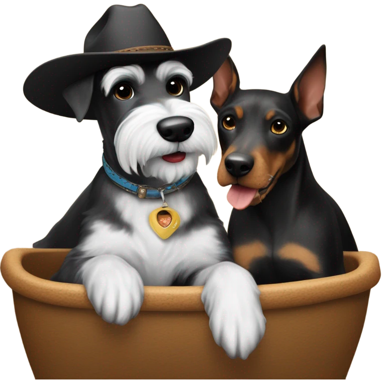 White and black Miniature schnauzer being ridden by a Doberman pincher wearing a cowboy hat emoji