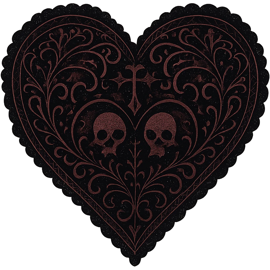 goth heart, black and deep red, ornate lace, subtle skull or cross motif, moody atmosphere, no background emoji